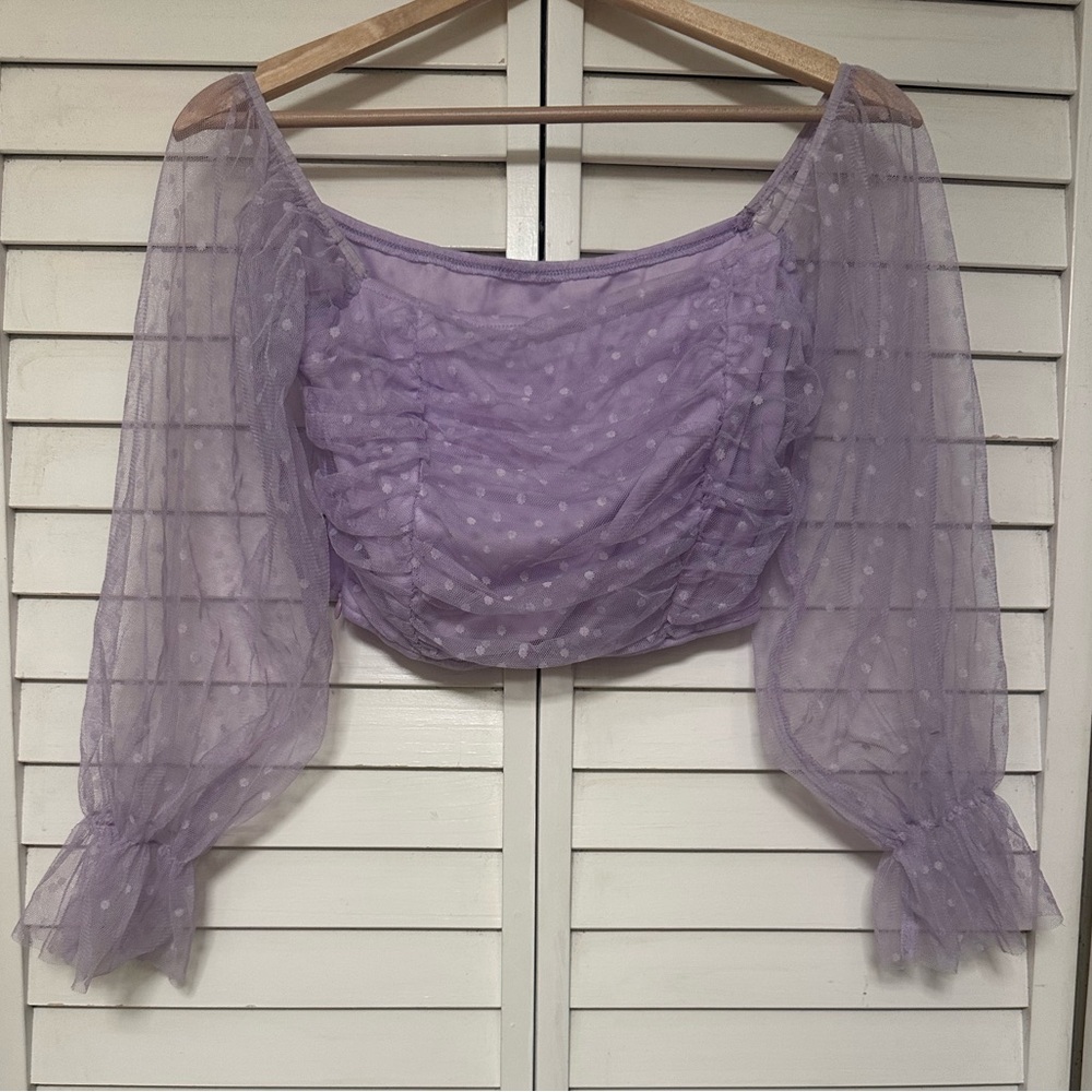 SHEIN Lavender Ruched Sheer Long-Sleeve Crop Top Sz M